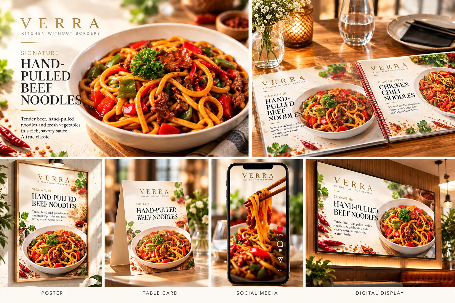 One VERRA food campaign carried across menu, restaurant table, poster, table card, social media and digital display